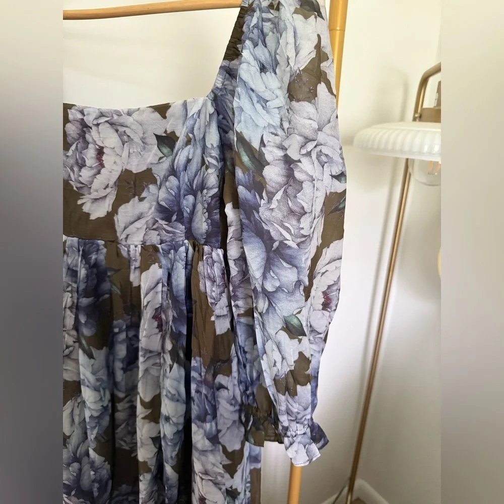 Floral Square-Neck Long Sleeve Maxi Dress - Olive & Lavender - Picture 4 of 13